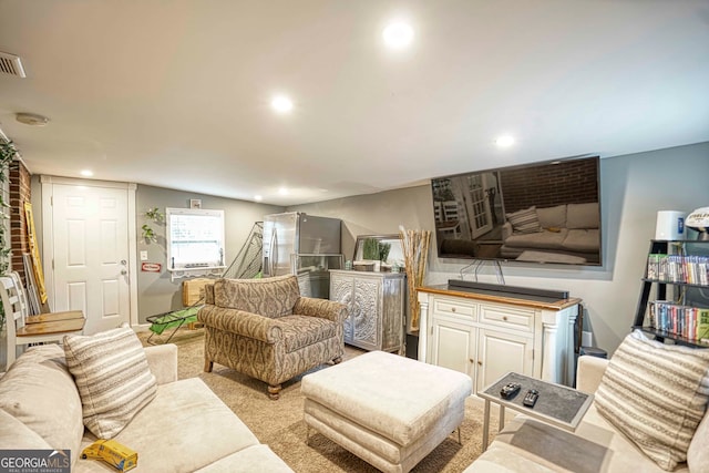 living room featuring light carpet