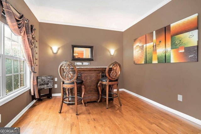 interior space with light hardwood / wood-style flooring, indoor bar, and ornamental molding