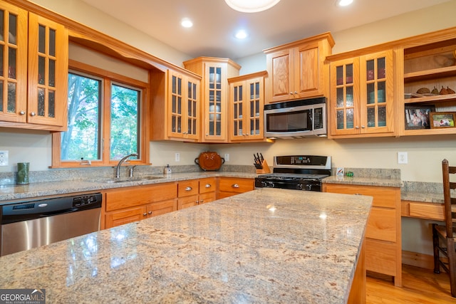 kitchen featuring light stone countertops, sink, stainless steel appliances, and light wood-type flooring