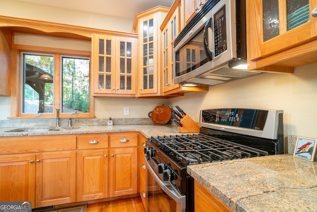 kitchen featuring light stone counters, sink, wood-type flooring, and stainless steel appliances