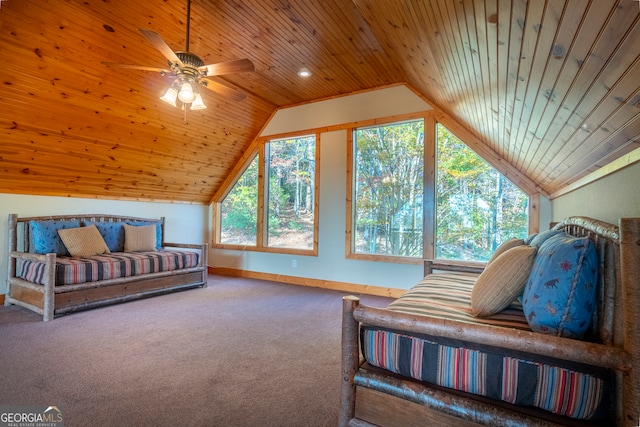 carpeted bedroom with ceiling fan, wooden ceiling, and lofted ceiling