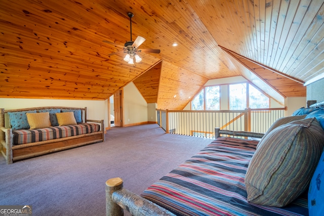 carpeted bedroom featuring lofted ceiling and wood ceiling