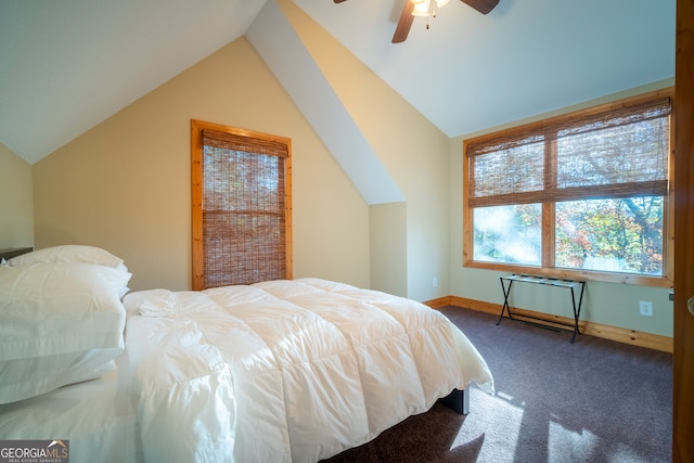 bedroom with carpet, vaulted ceiling, and ceiling fan