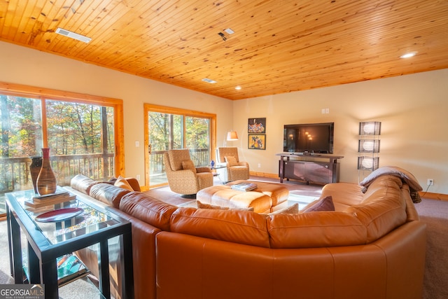 carpeted living room featuring wooden ceiling