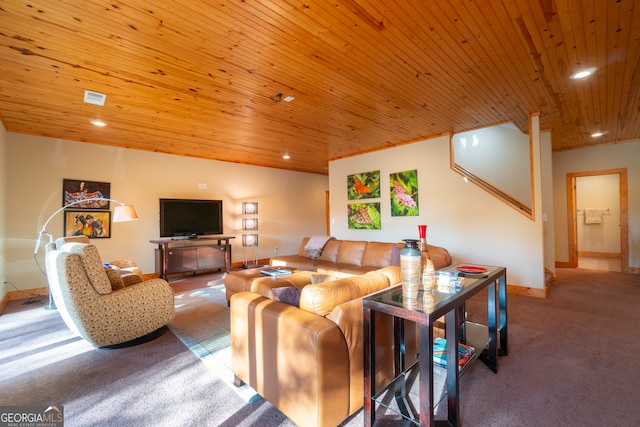 carpeted living room featuring lofted ceiling and wood ceiling