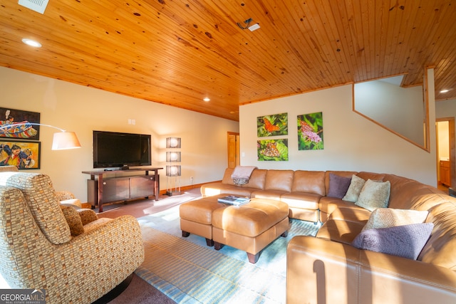 living room featuring wood ceiling and vaulted ceiling