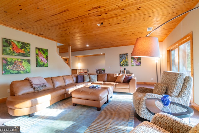 living room featuring wood ceiling