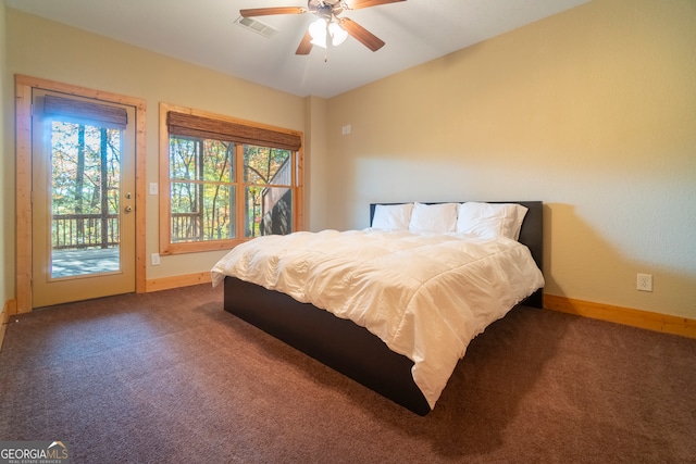 bedroom featuring ceiling fan, carpet floors, and access to outside