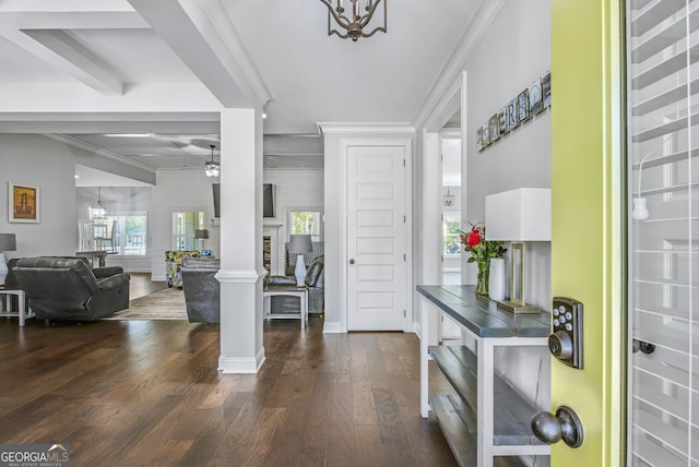 foyer entrance featuring crown molding, dark hardwood / wood-style floors, decorative columns, beamed ceiling, and ceiling fan