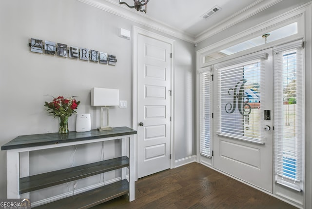 entryway featuring dark hardwood / wood-style flooring and ornamental molding