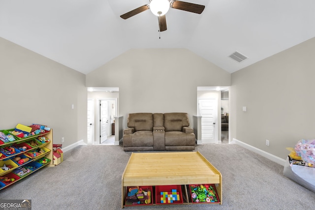 game room featuring carpet, lofted ceiling, and ceiling fan