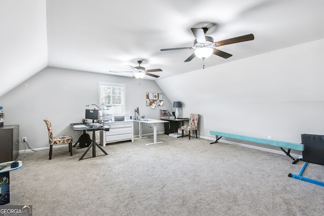 office space with carpet, vaulted ceiling, and ceiling fan