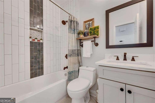 full bathroom with vanity, toilet, and shower / bathtub combination with curtain