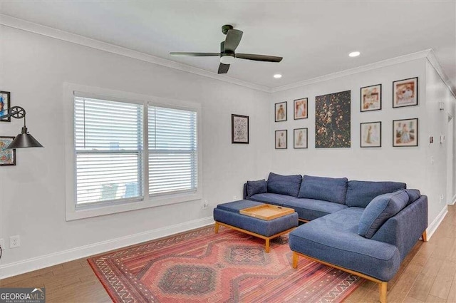 living room with light hardwood / wood-style floors, ceiling fan, and crown molding