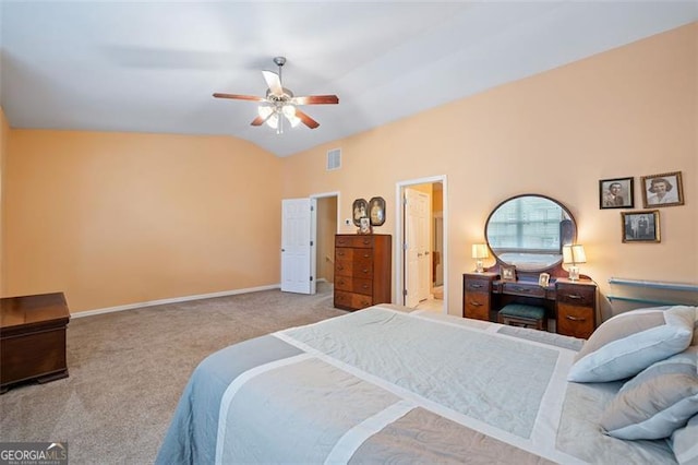 bedroom with light colored carpet, lofted ceiling, and ceiling fan