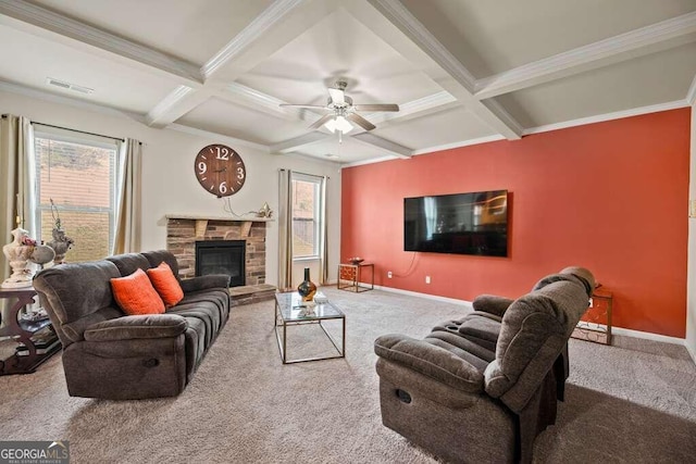 carpeted living area featuring a healthy amount of sunlight, coffered ceiling, and beamed ceiling