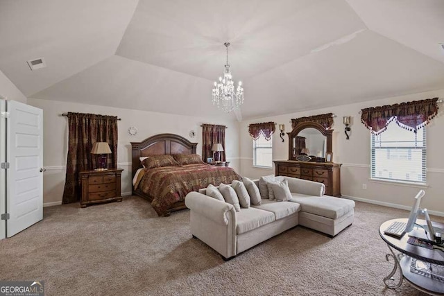 bedroom with baseboards, visible vents, vaulted ceiling, and carpet flooring