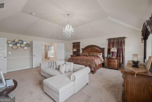 bedroom featuring light colored carpet, vaulted ceiling, visible vents, and baseboards