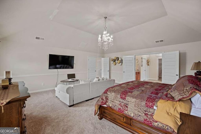 bedroom featuring light colored carpet, visible vents, vaulted ceiling, and baseboards