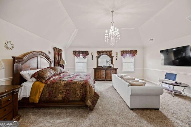 bedroom featuring lofted ceiling, light colored carpet, and a notable chandelier