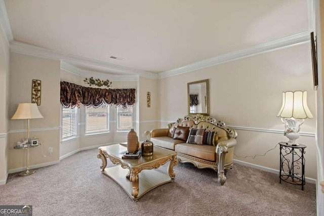 carpeted living room featuring crown molding