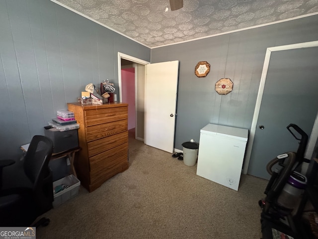 office space with ornamental molding, ceiling fan, a textured ceiling, and carpet