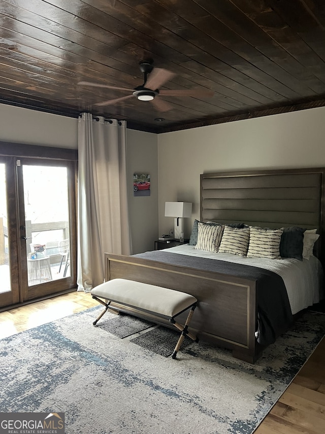 bedroom with french doors, wood-type flooring, access to exterior, wooden ceiling, and ceiling fan