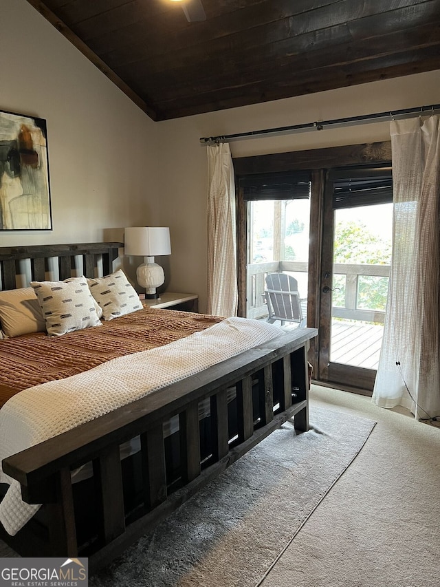 330 E Second St, Blue Ridge, GA 30513 - carpeted bedroom with wood ceiling, access to exterior, and vaulted ceiling