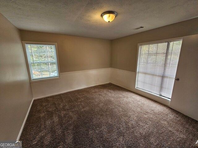 spare room with a textured ceiling and carpet flooring