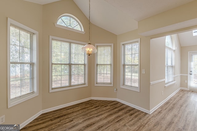 unfurnished dining area with hardwood / wood-style flooring, high vaulted ceiling, and a healthy amount of sunlight