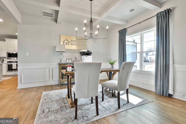 dining room with a chandelier, light wood-type flooring, coffered ceiling, and beam ceiling