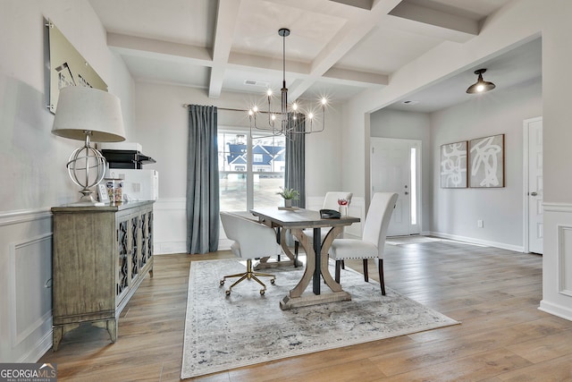 dining room featuring light wood-type flooring, a notable chandelier, beam ceiling, and coffered ceiling