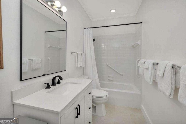 full bathroom featuring tile patterned flooring, toilet, vanity, shower / tub combo, and ornamental molding