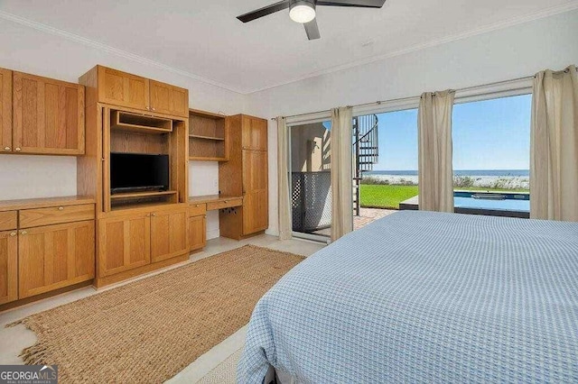 bedroom with ceiling fan, access to exterior, and crown molding