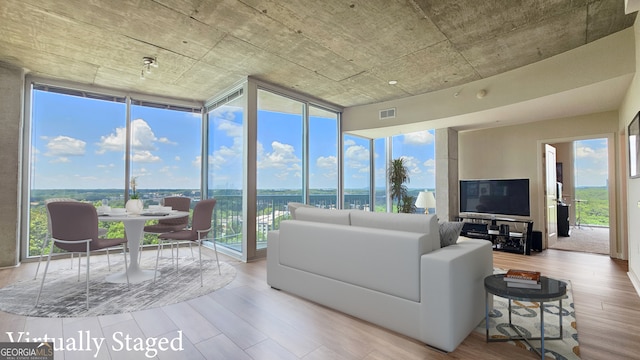 living room featuring floor to ceiling windows and light hardwood / wood-style floors