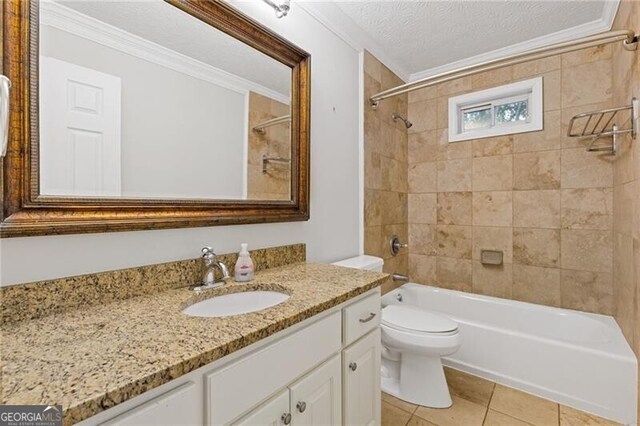 full bathroom featuring tile patterned floors, vanity, crown molding, and a textured ceiling