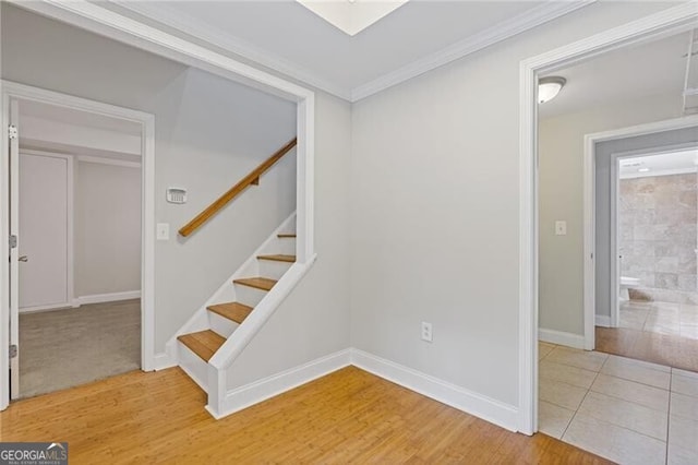 stairs with hardwood / wood-style floors and ornamental molding