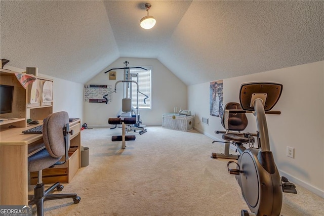 interior space with a textured ceiling, light colored carpet, and vaulted ceiling