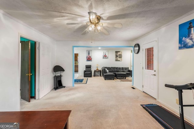 interior space with crown molding, light colored carpet, and a textured ceiling