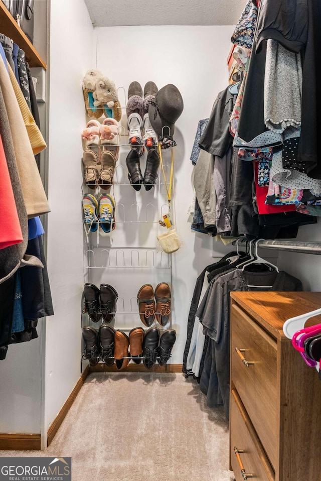 walk in closet with light carpet