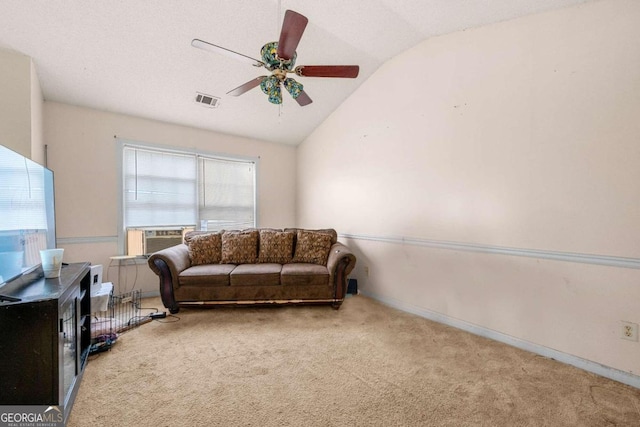 living room featuring lofted ceiling, carpet floors, and cooling unit