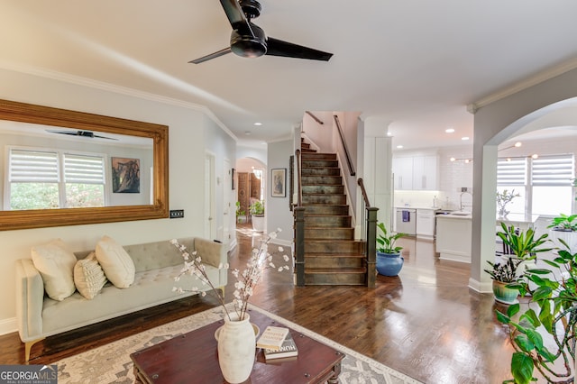 living room featuring ornamental molding, dark wood-type flooring, a healthy amount of sunlight, and ceiling fan