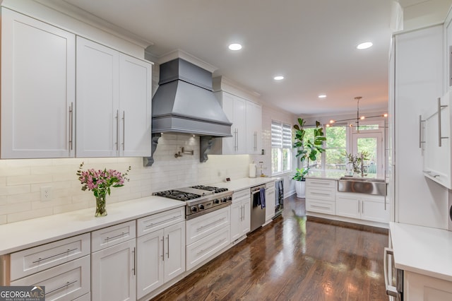 kitchen with custom range hood, white cabinetry, appliances with stainless steel finishes, and dark hardwood / wood-style flooring