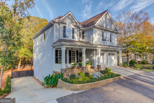 view of front of home with a porch and a garage