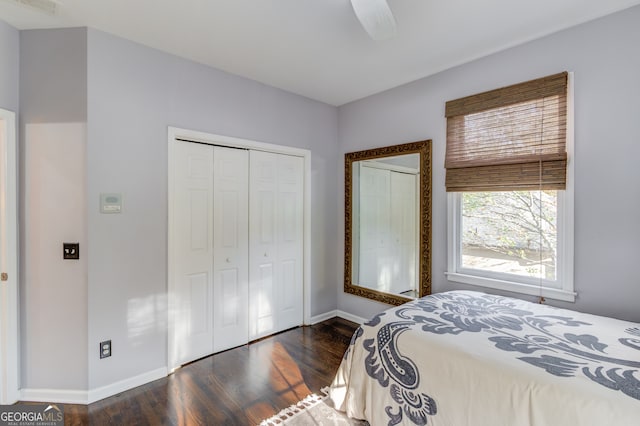 bedroom featuring dark wood-type flooring, ceiling fan, and a closet