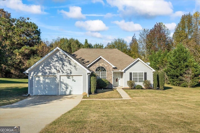 single story home with a front yard and a garage