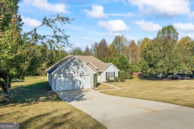 ranch-style house with a garage and a front yard