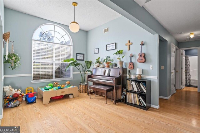 rec room featuring hardwood / wood-style floors and a textured ceiling