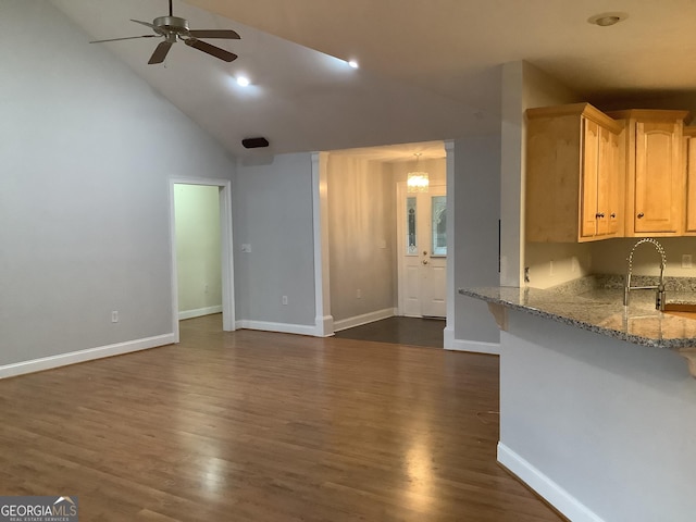 unfurnished living room featuring sink, high vaulted ceiling, dark wood-type flooring, and ceiling fan with notable chandelier