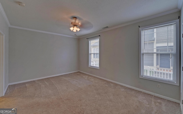 carpeted spare room with ornamental molding, a textured ceiling, and ceiling fan